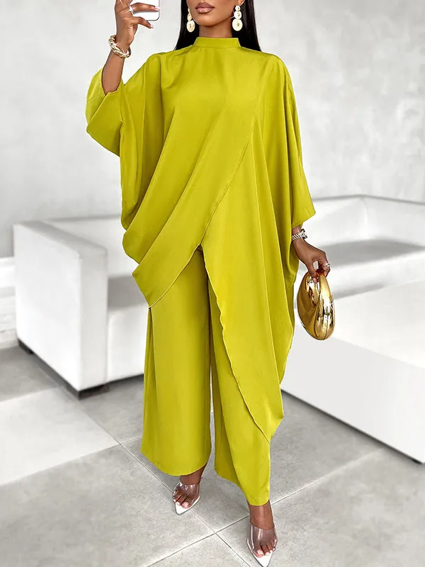 Batwing Sleeves Long Sleeves Asymmetric Hollow Solid Color Mock Neck T-Shirt Top   Pants Bottom Two Pieces Set