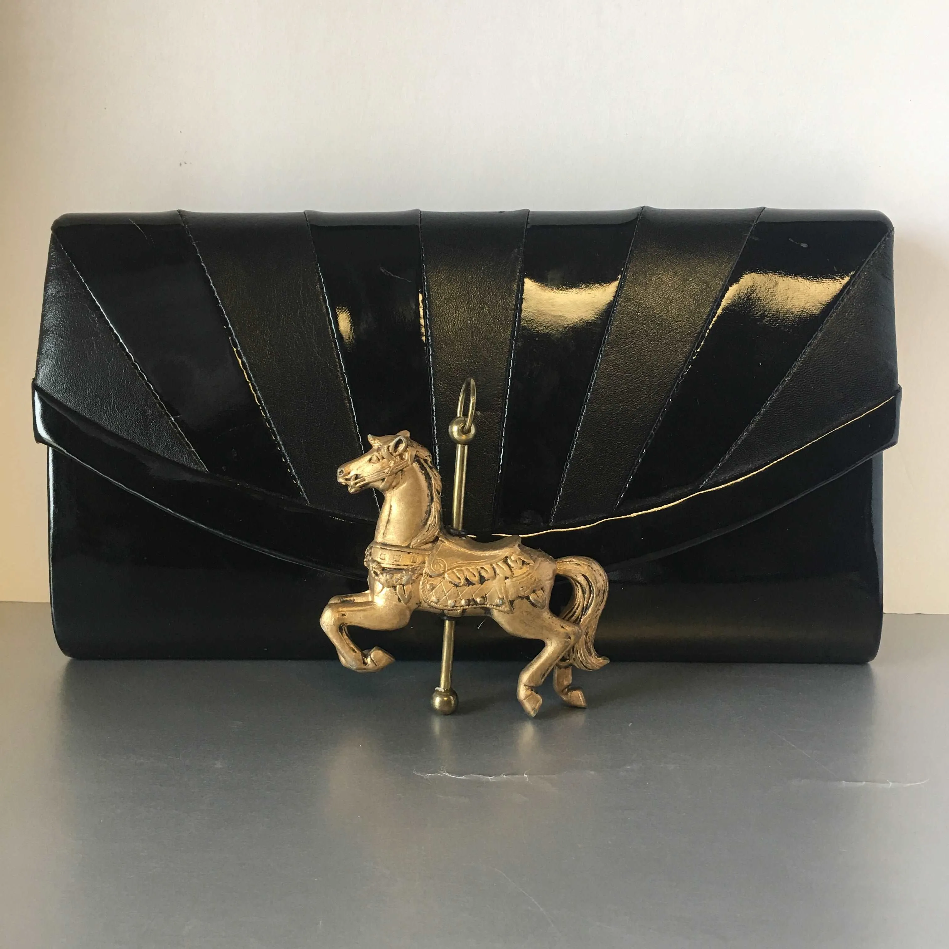 Black Patent Leather Envelope Clutch Bag Vintage Accessory