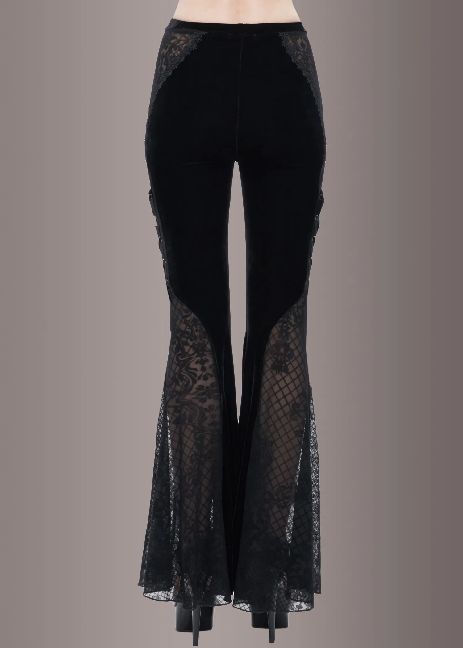 Black Velvet Bell Bottoms with Lace Up and See Through Details