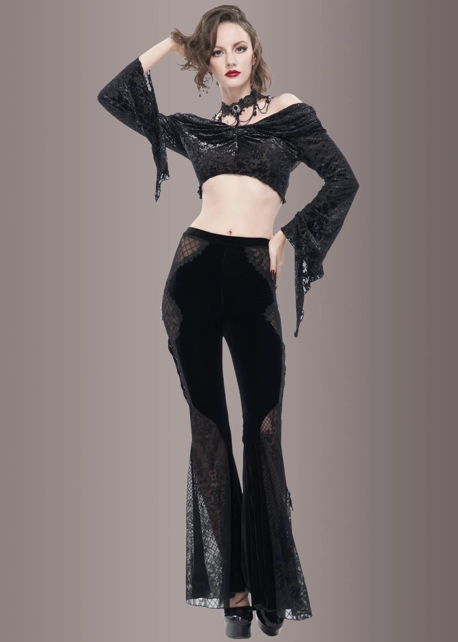 Black Velvet Bell Bottoms with Lace Up and See Through Details