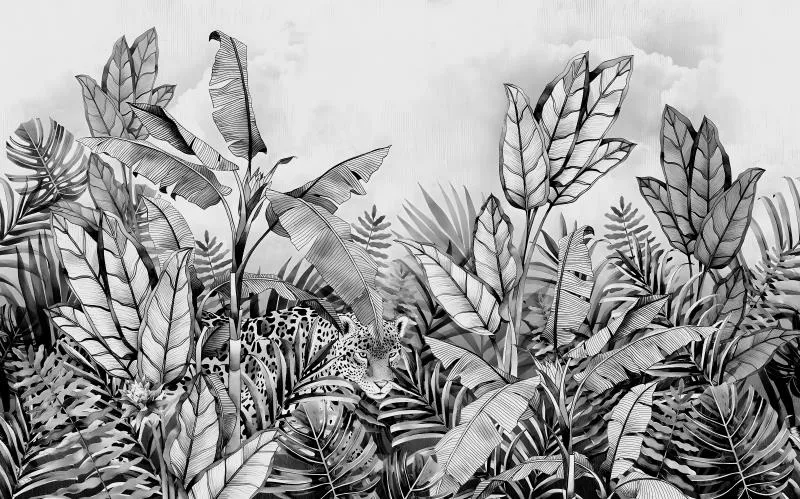 Custom Wallpaper Mural Black and White Retro Tropical Plant (㎡)