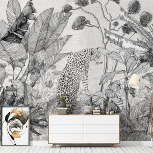 Custom Wallpaper Mural Black and White Retro Tropical Plant (㎡)