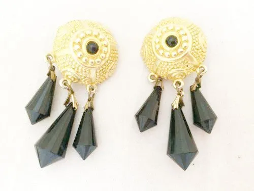 Etruscan Golden Black Dangling Crystals Clip on Earrings Vintage Jewelry ESPOSITO