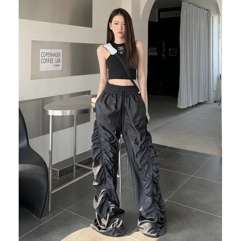 Fashionkova 90s streetwear Style Dark Loose Mop High Waist Casual Pants Women's Niche Pleated Wide Leg Long Pants All-Matching