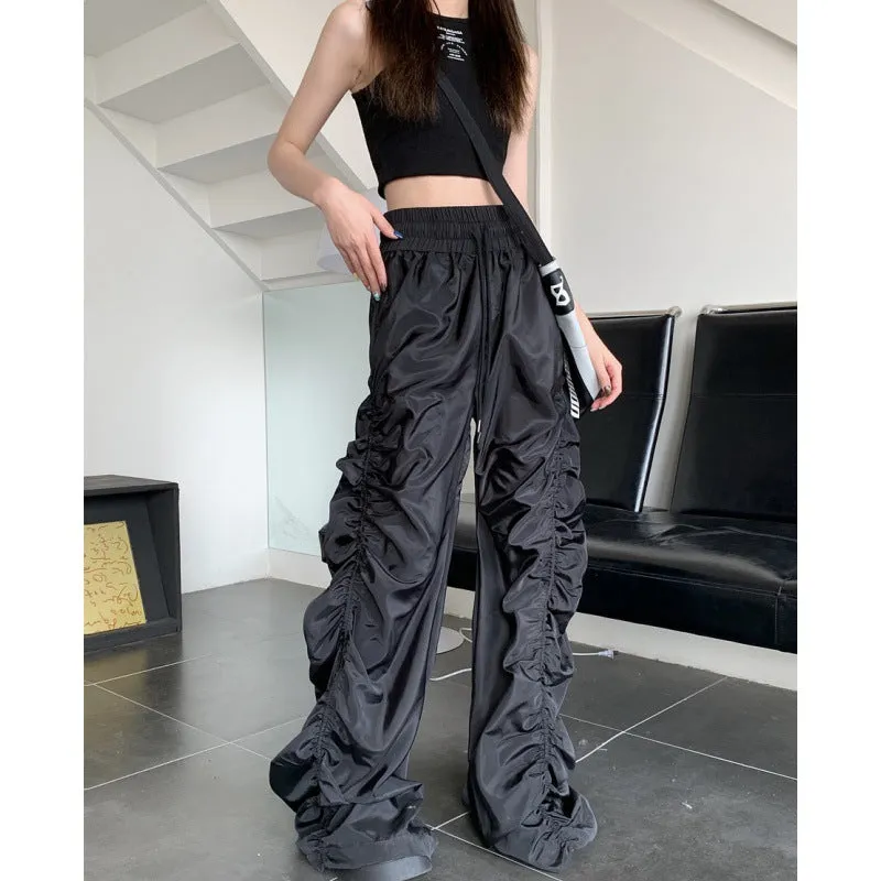 Fashionkova 90s streetwear Style Dark Loose Mop High Waist Casual Pants Women's Niche Pleated Wide Leg Long Pants All-Matching