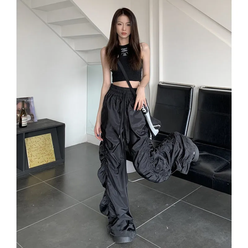 Fashionkova 90s streetwear Style Dark Loose Mop High Waist Casual Pants Women's Niche Pleated Wide Leg Long Pants All-Matching