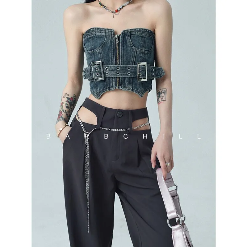 Fashionkova  Woman's Suit Pants High Waist Summer Grey Vintage Wide Leg Trouser Straight Street Baggy Hollow Out Design Office Ladies Pants