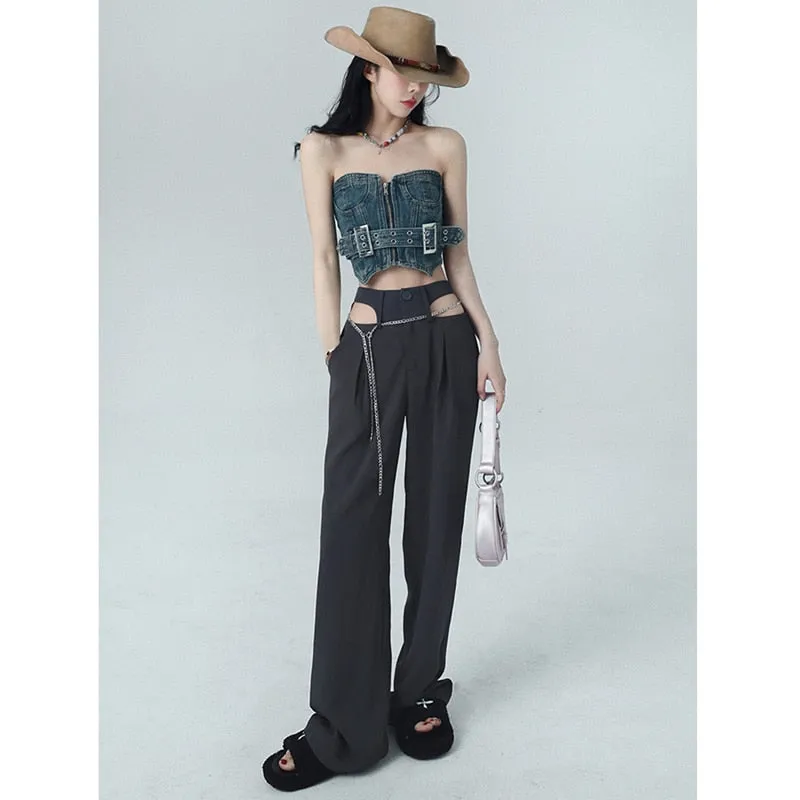 Fashionkova  Woman's Suit Pants High Waist Summer Grey Vintage Wide Leg Trouser Straight Street Baggy Hollow Out Design Office Ladies Pants