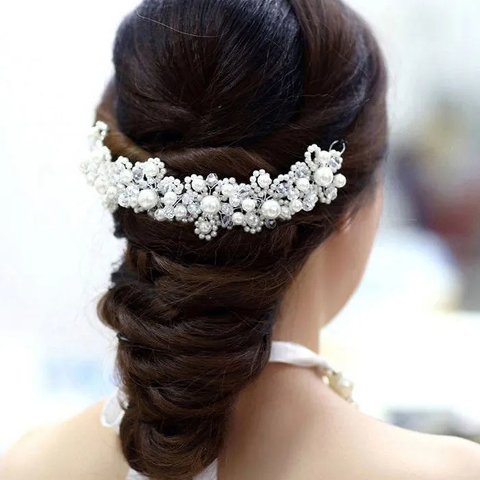 Han Edition Hair White Pearl Crystal Bride Headdress by Hand Bridal Hair jewelry