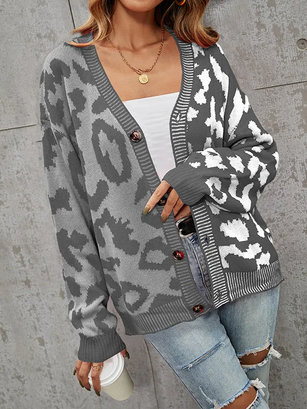 Long Sleeves Loose Buttoned Leopard Split-Joint V-Neck Cardigan Tops