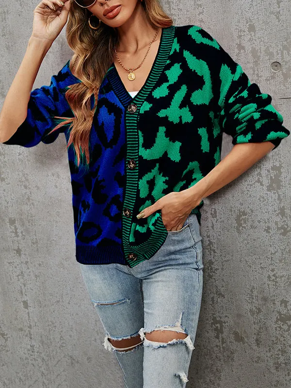 Long Sleeves Loose Buttoned Leopard Split-Joint V-Neck Cardigan Tops