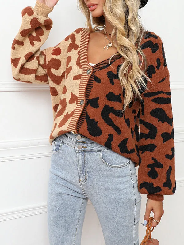 Long Sleeves Loose Buttoned Leopard Split-Joint V-Neck Cardigan Tops