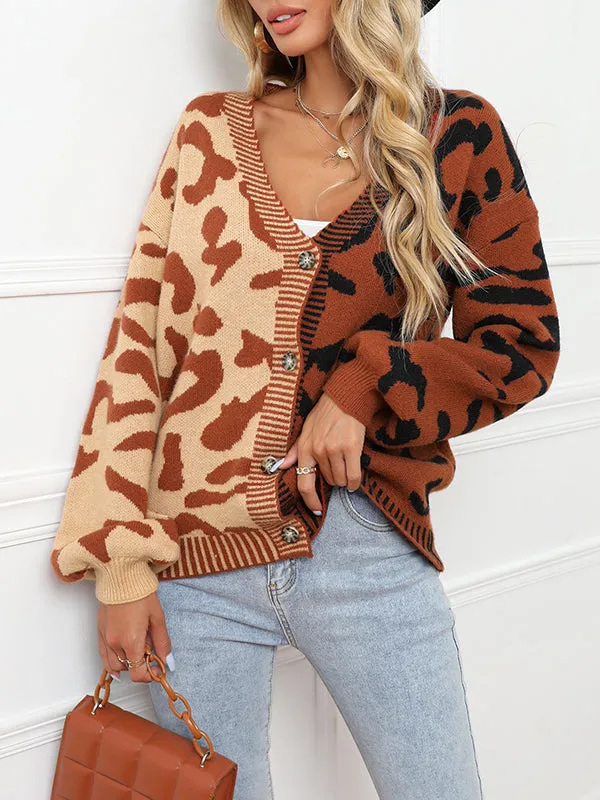 Long Sleeves Loose Buttoned Leopard Split-Joint V-Neck Cardigan Tops