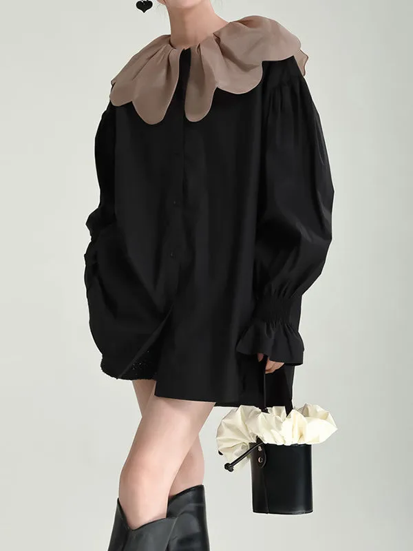 Long Sleeves Loose Contrast Color Elasticity Pleated Split-Joint Peter Pan Collar Blouses