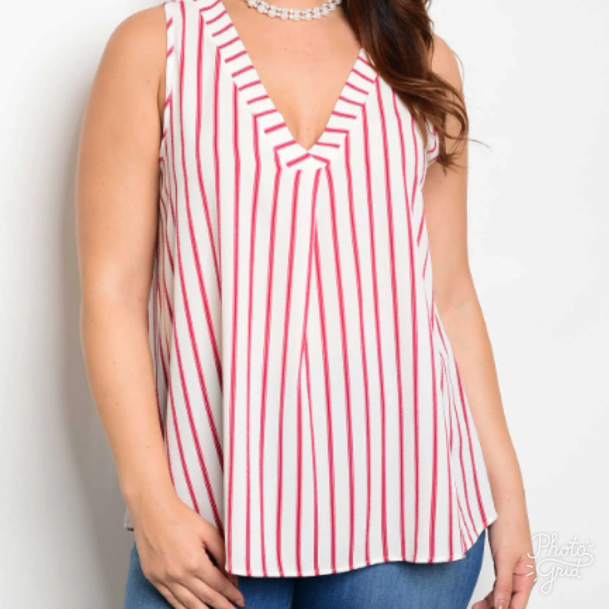 Red And Ivory Striped Sleeveless Blouse