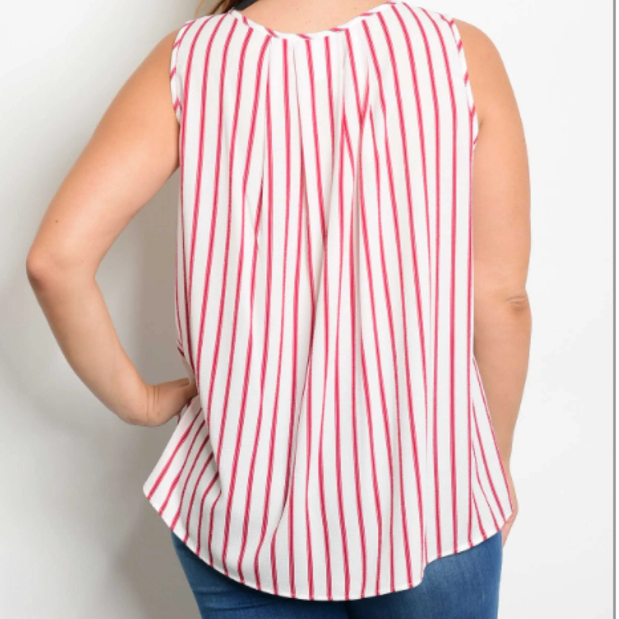 Red And Ivory Striped Sleeveless Blouse