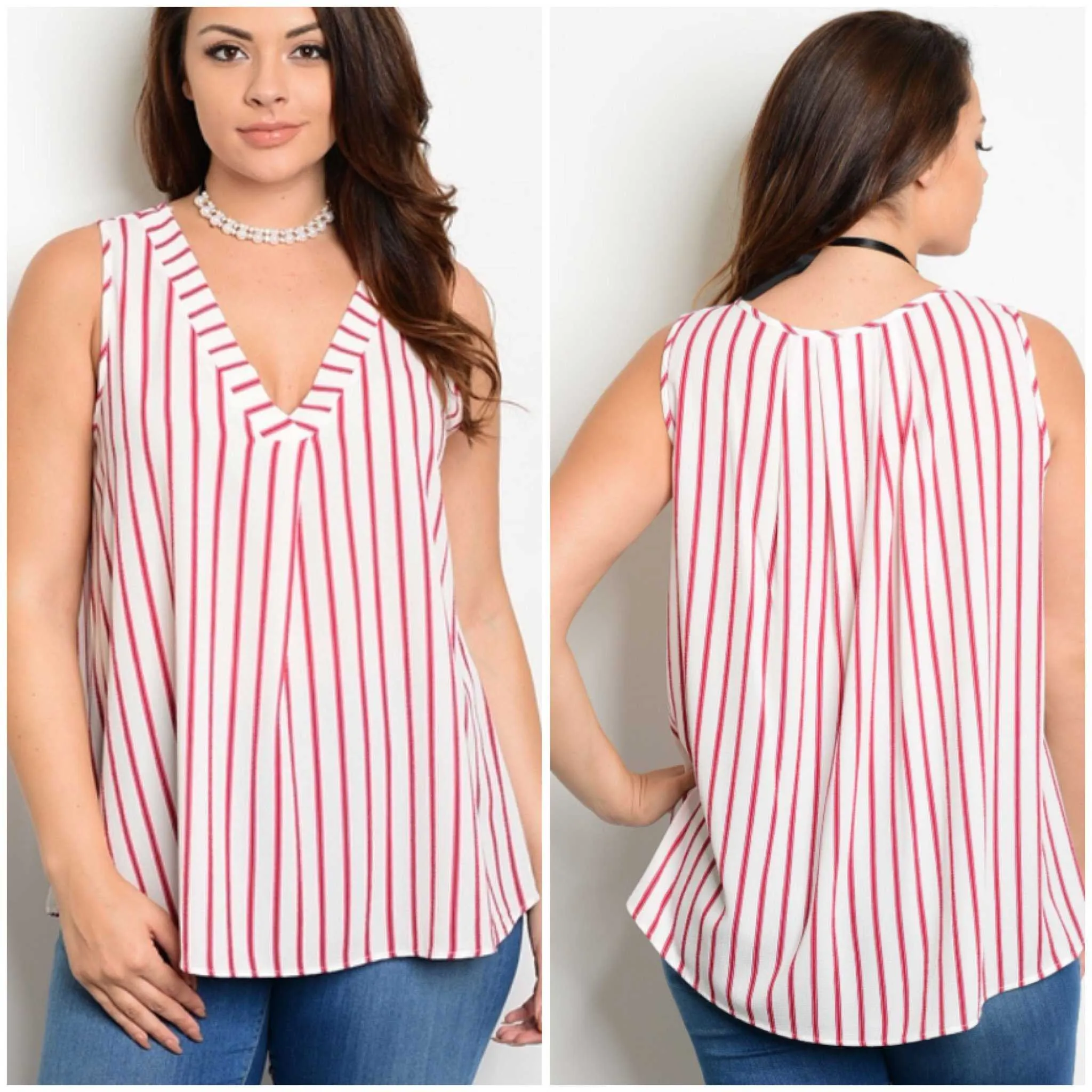 Red And Ivory Striped Sleeveless Blouse