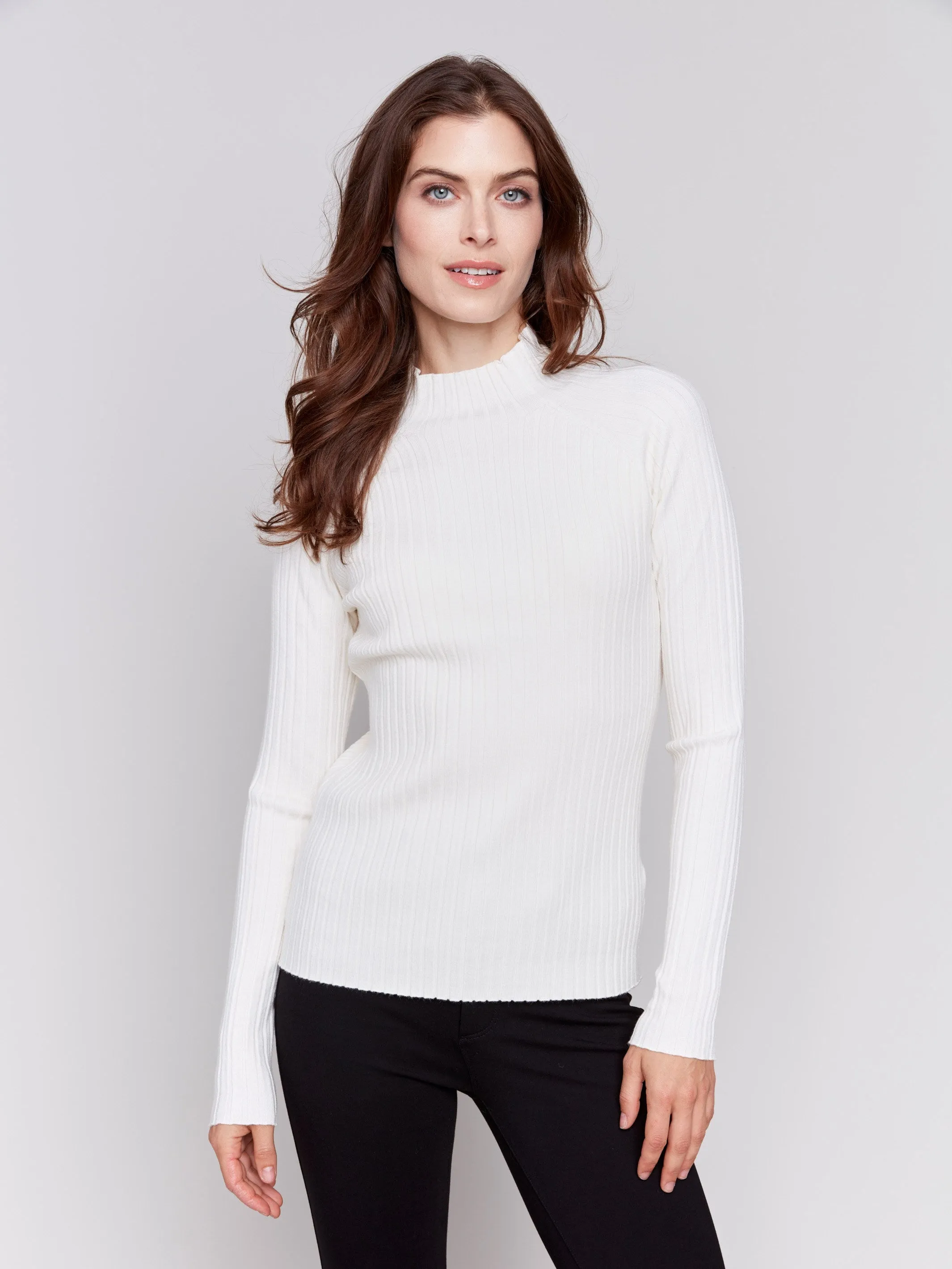 Ribbed Knit Mock Neck Sweater - Ecru