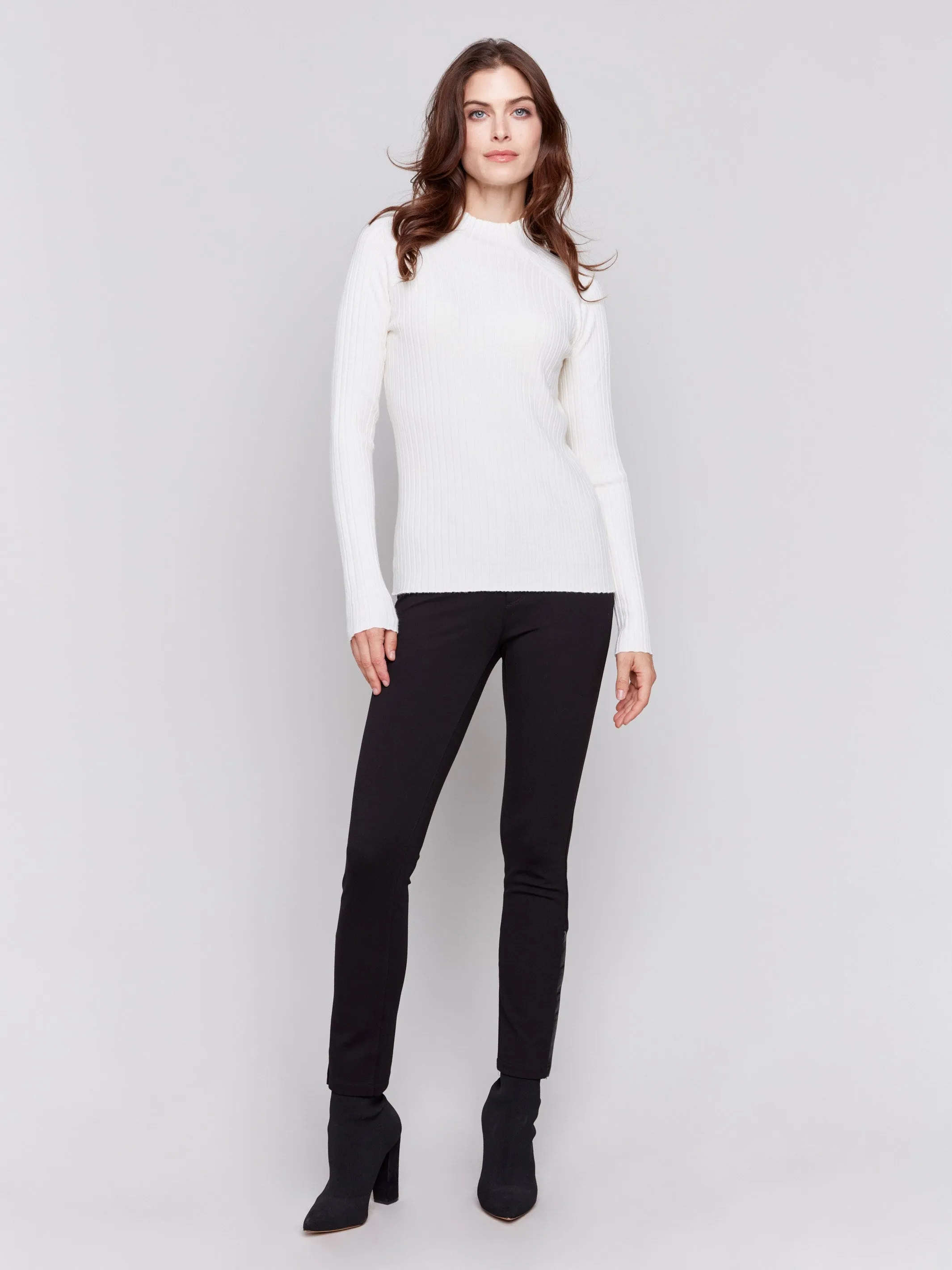 Ribbed Knit Mock Neck Sweater - Ecru