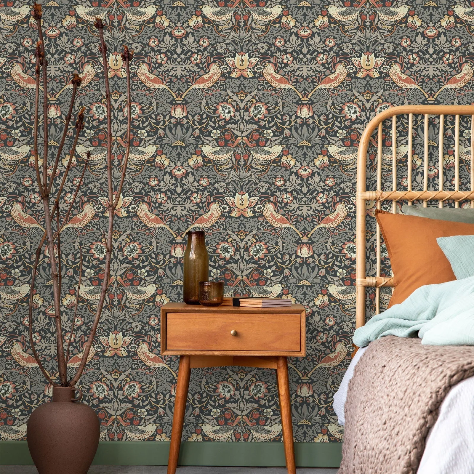 William Morris X Strawberry Thief Wallpaper - Charcoal