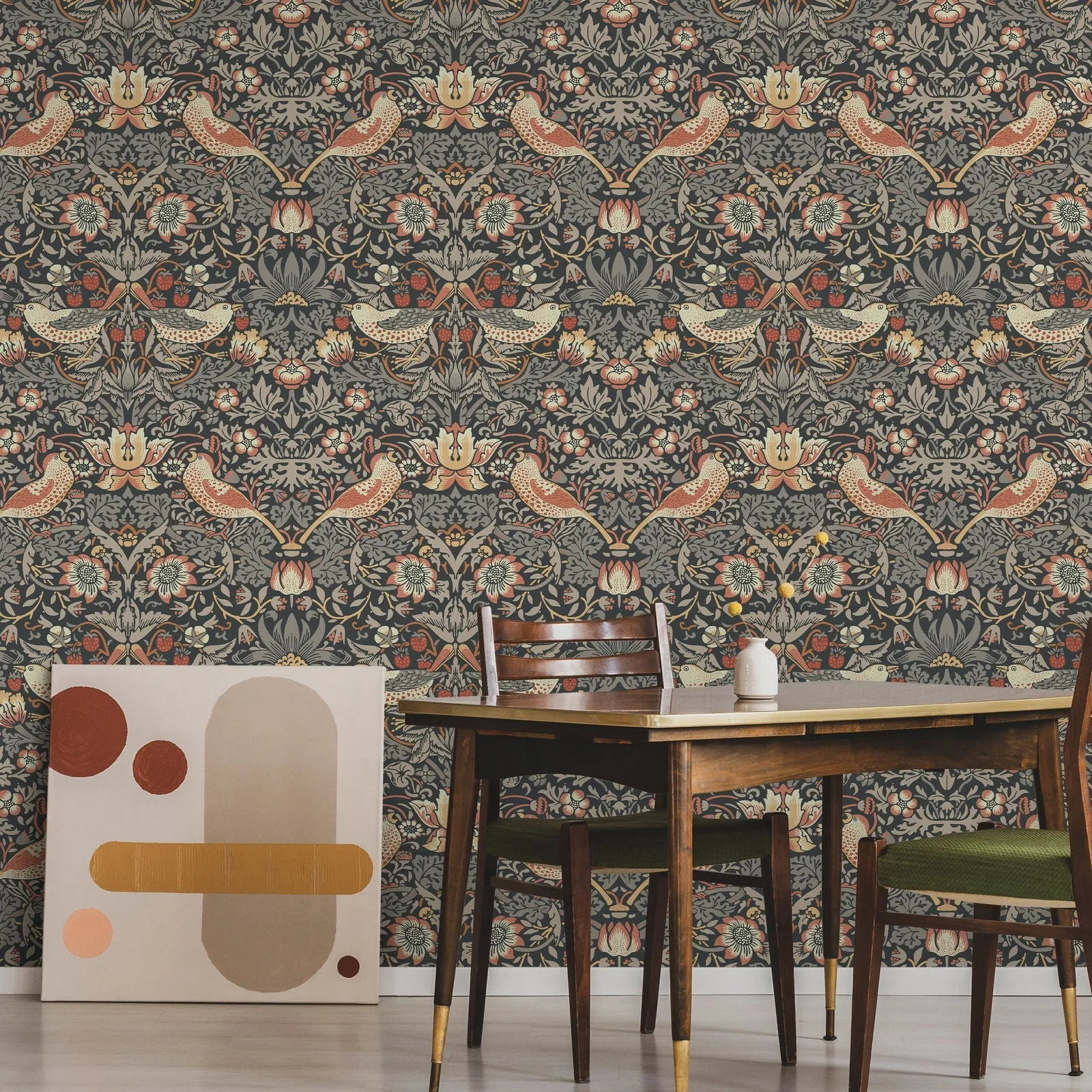 William Morris X Strawberry Thief Wallpaper - Charcoal