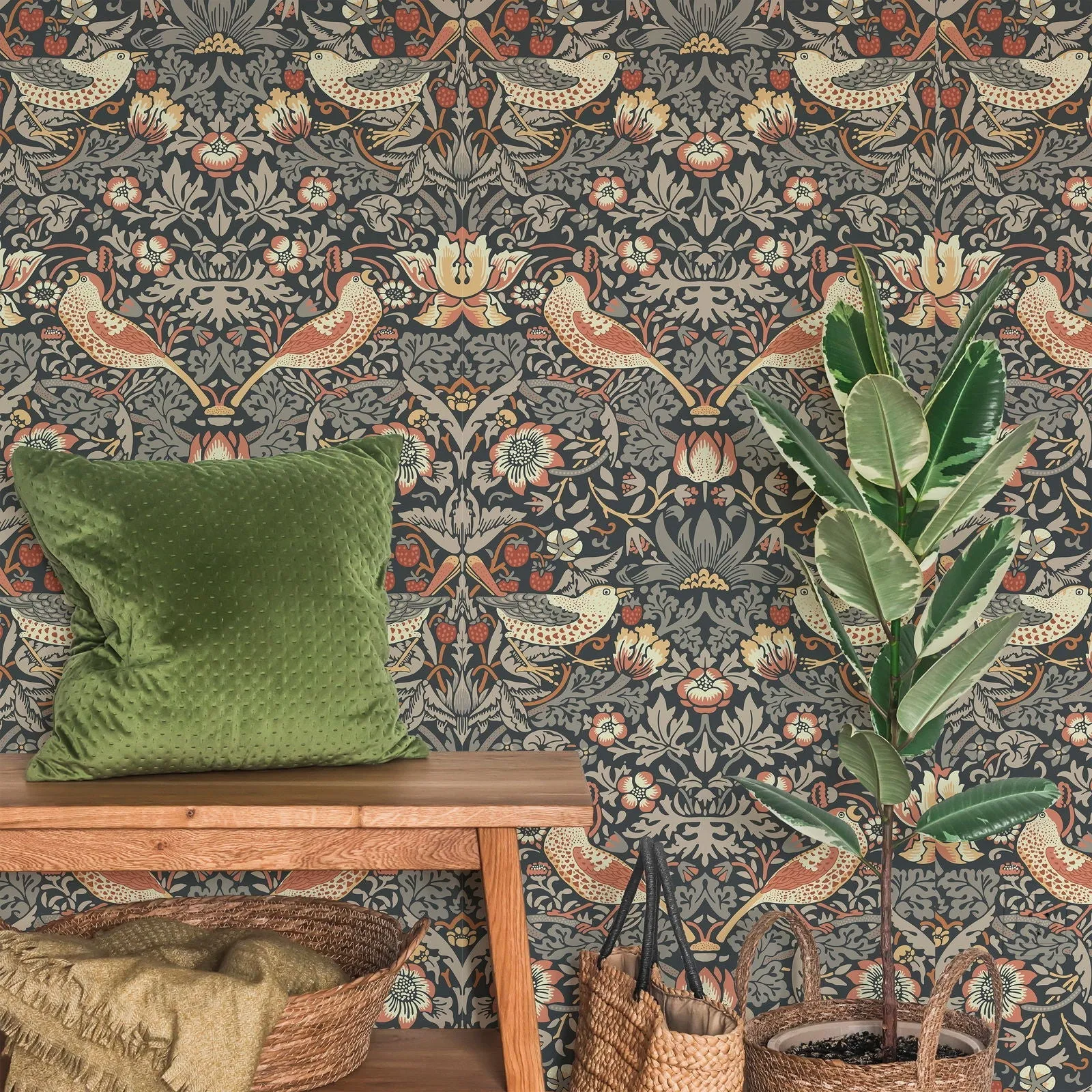 William Morris X Strawberry Thief Wallpaper - Charcoal