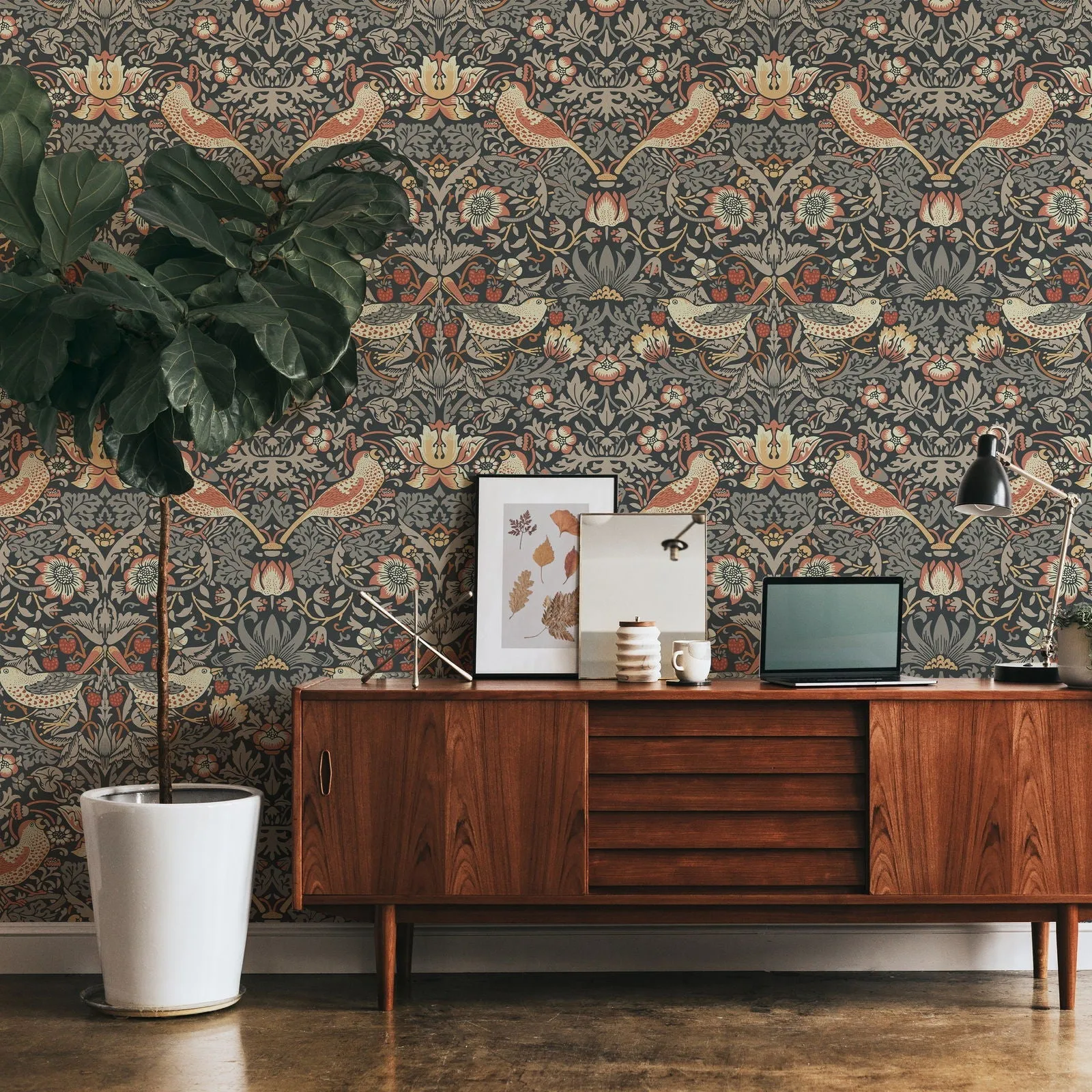 William Morris X Strawberry Thief Wallpaper - Charcoal